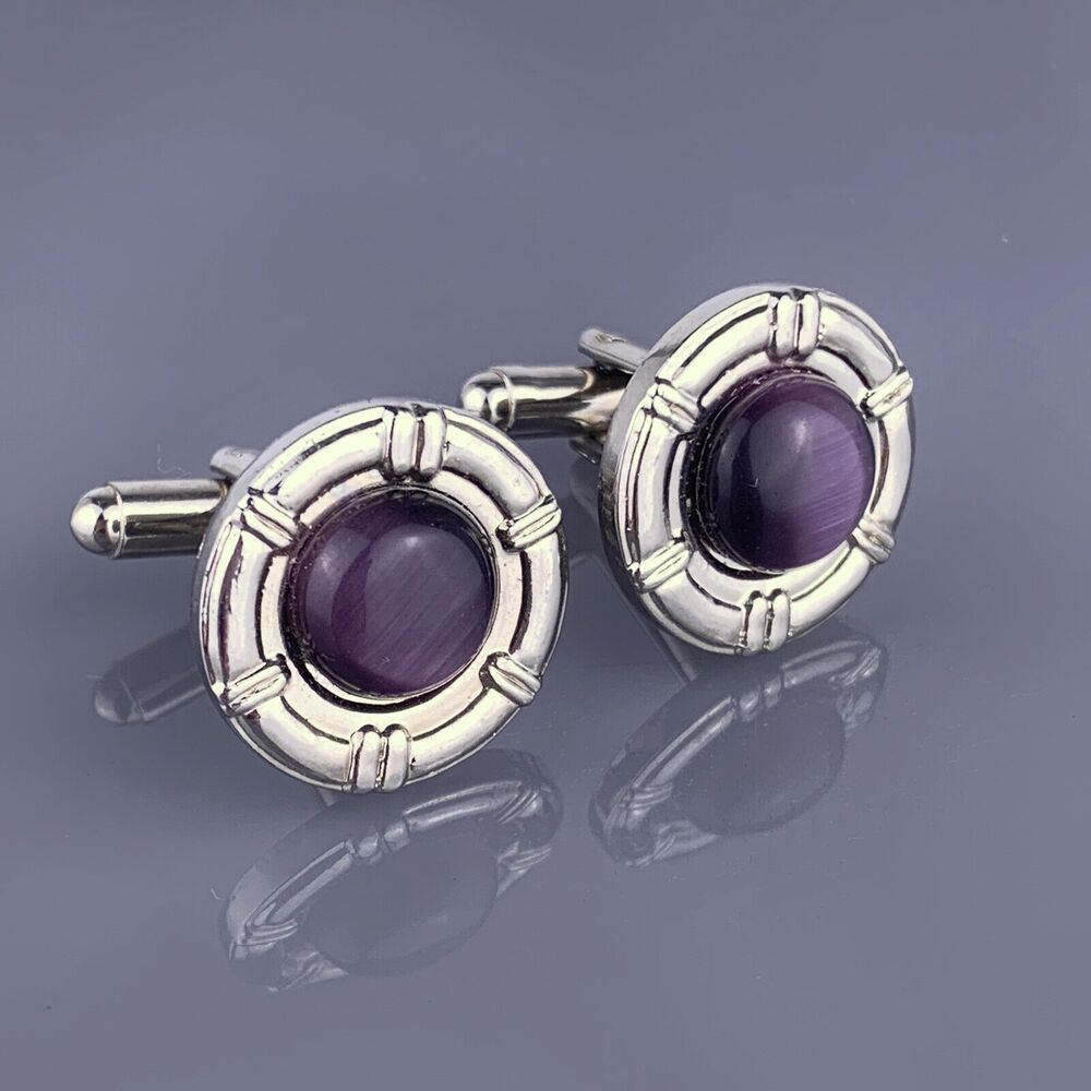 Purple Round Cabochon Cufflinks Silver Tone Modernist Simple Cats Eye Vintage